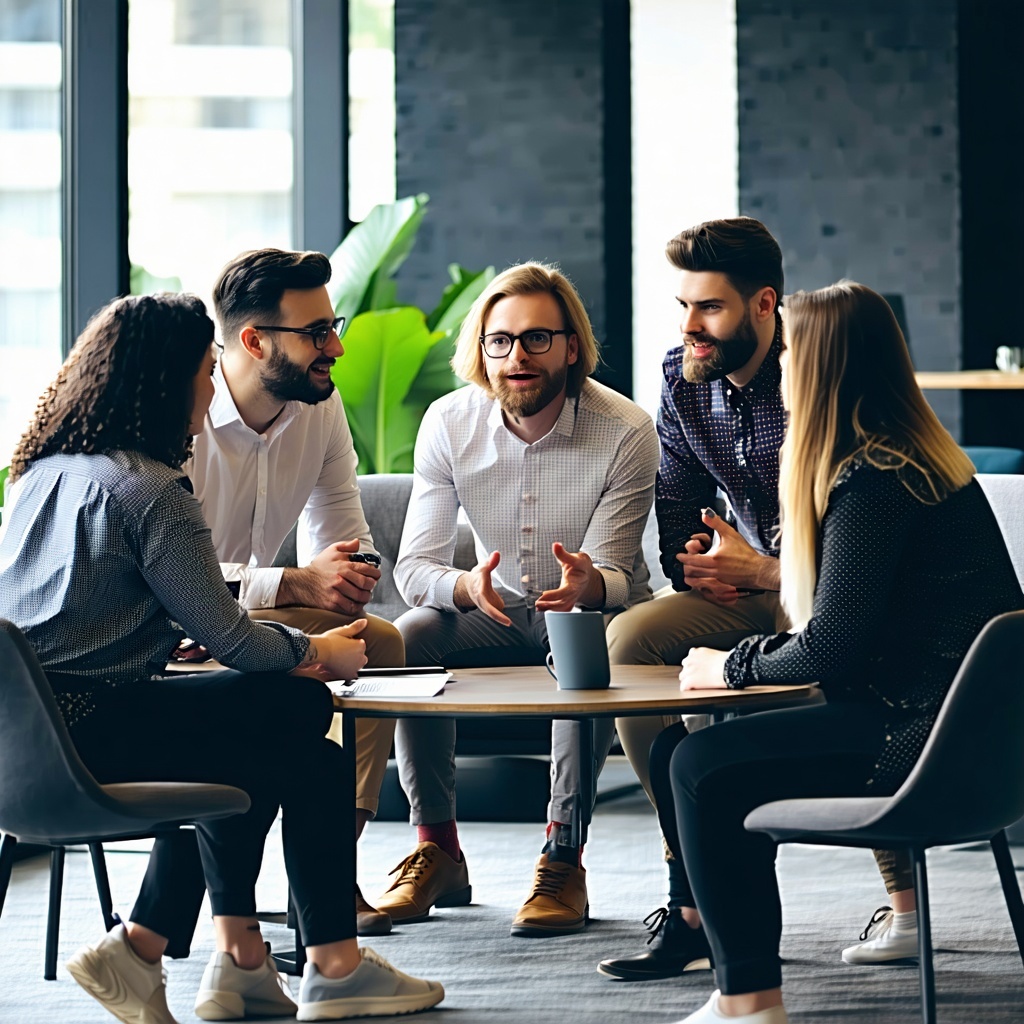 a group of casually dressed business people engaged in conversation in a professional setting-1